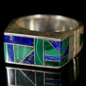 Zuni Flush Inlay ring with Lapis and Malachite stone, substantial & heavy signed